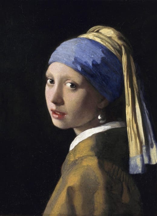 The painting is a tronie, the Dutch 17th-century description of a 'head' that was not meant to be a portrait. It depicts a European girl wearing an exotic dress, an oriental turban, and what was thought to be a very large pearl as an earring. In 2014, Dutch astrophysicist Vincent Icke raised doubts about the material of the earring and argued that it looks more like polished tin than pearl on the grounds of the specular reflection, the pear shape and the large size of the earring.