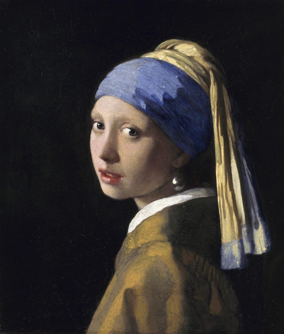 The painting is a tronie, the Dutch 17th-century description of a 'head' that was not meant to be a portrait. It depicts a European girl wearing an exotic dress, an oriental turban, and what was thought to be a very large pearl as an earring. In 2014, Dutch astrophysicist Vincent Icke raised doubts about the material of the earring and argued that it looks more like polished tin than pearl on the grounds of the specular reflection, the pear shape and the large size of the earring.