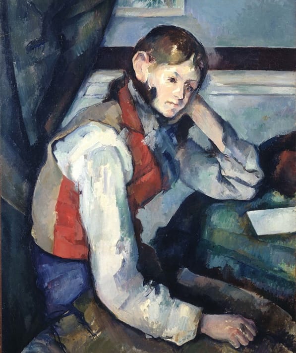 Cézanne painted four oil portraits of this Italian boy in the red vest, all in different poses, which allowed him to study the relationship between the figure and space. The most famous of the four, and the one commonly referred to by this title, is the one which depicts the boy in a melancholic seated pose with his elbow on a table and his head cradled in his hand. It is currently held in Zürich, Switzerland. The other three portraits, of different poses, are in museums in the US