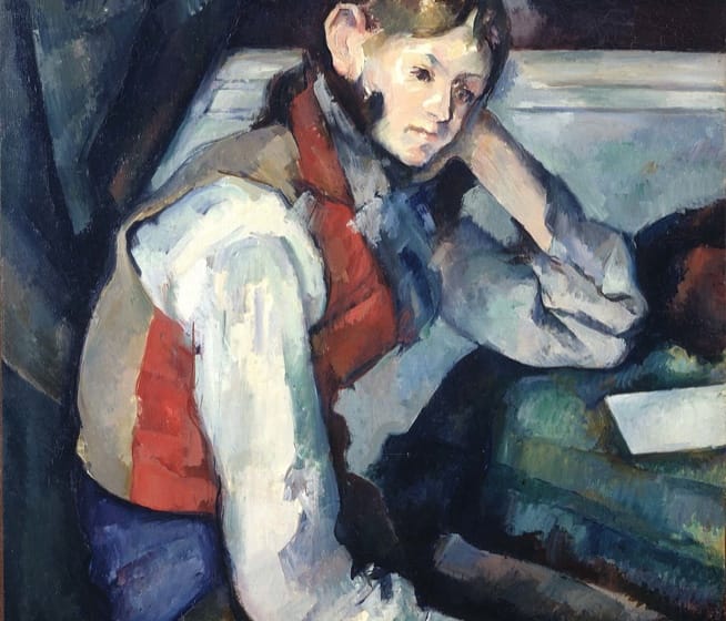 Cézanne painted four oil portraits of this Italian boy in the red vest, all in different poses, which allowed him to study the relationship between the figure and space. The most famous of the four, and the one commonly referred to by this title, is the one which depicts the boy in a melancholic seated pose with his elbow on a table and his head cradled in his hand. It is currently held in Zürich, Switzerland. The other three portraits, of different poses, are in museums in the US