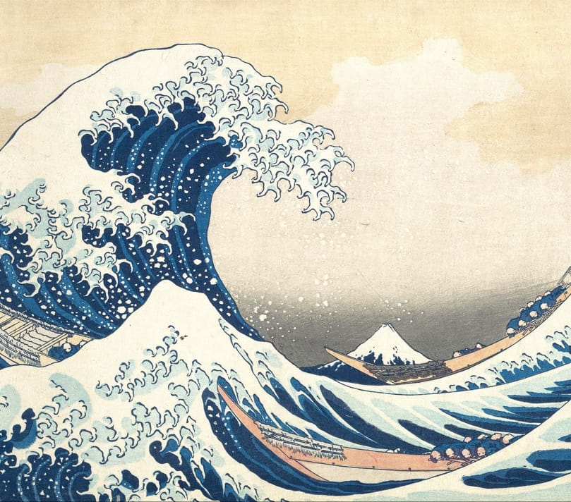 The Great Wave off Kanagawa (Japanese: 神奈川沖浪裏, Hepburn: Kanagawa-oki Nami Ura, lit. "Under the Wave off Kanagawa"), also known as The Great Wave or simply The Wave, is a woodblock print by the Japanese ukiyo-e artist Hokusai. It was published sometime between 1829 and 1833 in the late Edo period as the first print in Hokusai's series Thirty-six Views of Mount Fuji. The image depicts an enormous wave threatening three boats off the coast in the Sagami Bay (Kanagawa Prefecture) while Mount Fuji rises in the background.