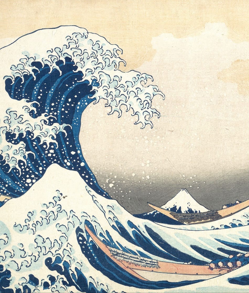 The Great Wave off Kanagawa (Japanese: 神奈川沖浪裏, Hepburn: Kanagawa-oki Nami Ura, lit. "Under the Wave off Kanagawa"), also known as The Great Wave or simply The Wave, is a woodblock print by the Japanese ukiyo-e artist Hokusai. It was published sometime between 1829 and 1833 in the late Edo period as the first print in Hokusai's series Thirty-six Views of Mount Fuji. The image depicts an enormous wave threatening three boats off the coast in the Sagami Bay (Kanagawa Prefecture) while Mount Fuji rises in the background.