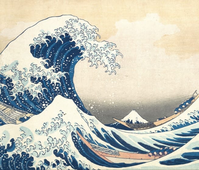 The Great Wave off Kanagawa (Japanese: 神奈川沖浪裏, Hepburn: Kanagawa-oki Nami Ura, lit. "Under the Wave off Kanagawa"), also known as The Great Wave or simply The Wave, is a woodblock print by the Japanese ukiyo-e artist Hokusai. It was published sometime between 1829 and 1833 in the late Edo period as the first print in Hokusai's series Thirty-six Views of Mount Fuji. The image depicts an enormous wave threatening three boats off the coast in the Sagami Bay (Kanagawa Prefecture) while Mount Fuji rises in the background.