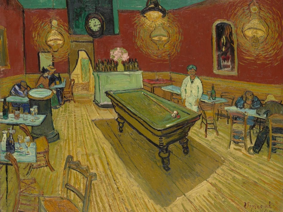 The Night Café (French: Le Café de nuit) is an oil painting created by Dutch artist Vincent van Gogh in September 1888 in Arles. Its title is inscribed lower right beneath the signature. The painting is owned by Yale University and is currently held at the Yale University Art Gallery in New Haven, Connecticut. The interior depicted is the Café de la Gare, 30 Place Lamartine, run by Joseph-Michel Ginoux and his wife Marie, who in November 1888 posed for Van Gogh's and Gauguin's Arlésienne; a bit later, Joseph Ginoux evidently posed for both artists, too.