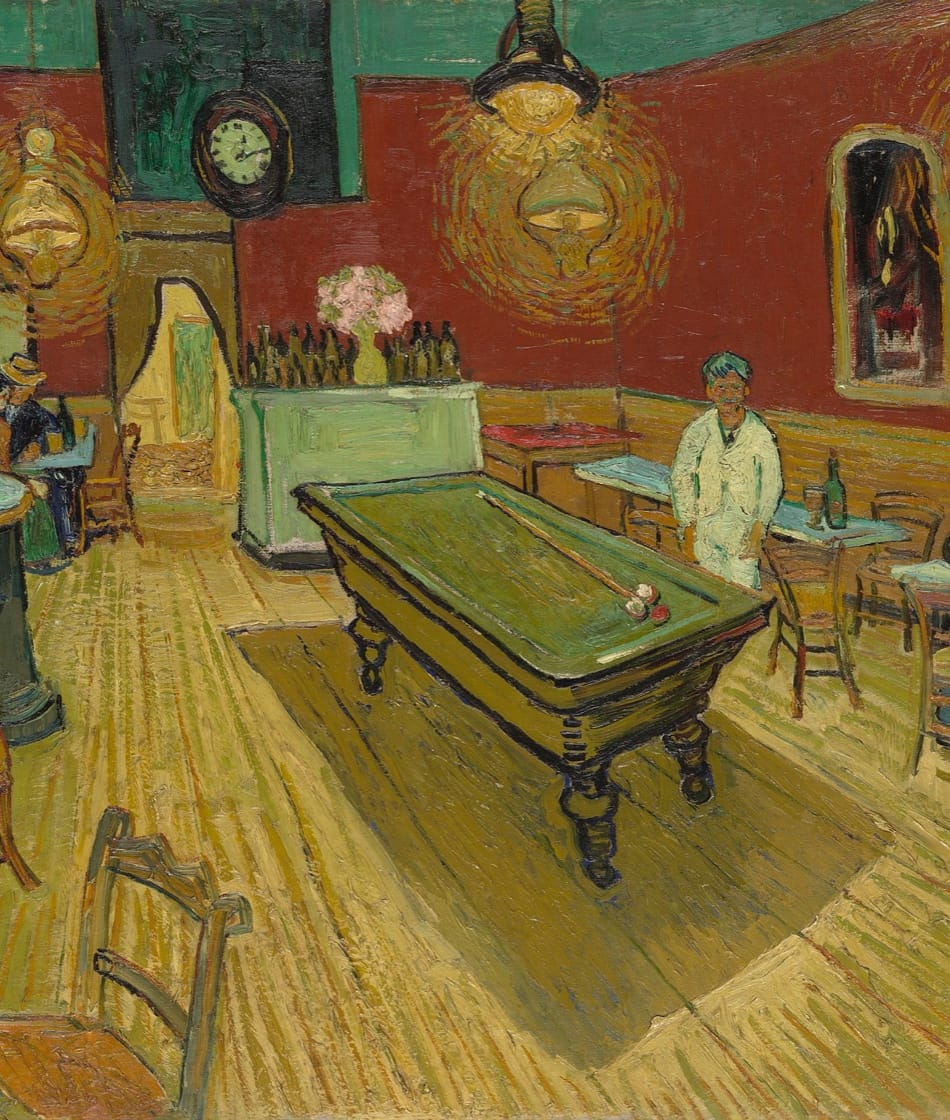 The Night Café (French: Le Café de nuit) is an oil painting created by Dutch artist Vincent van Gogh in September 1888 in Arles. Its title is inscribed lower right beneath the signature. The painting is owned by Yale University and is currently held at the Yale University Art Gallery in New Haven, Connecticut. The interior depicted is the Café de la Gare, 30 Place Lamartine, run by Joseph-Michel Ginoux and his wife Marie, who in November 1888 posed for Van Gogh's and Gauguin's Arlésienne; a bit later, Joseph Ginoux evidently posed for both artists, too.