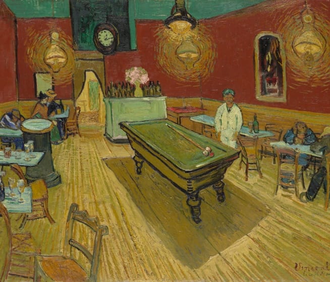 The Night Café (French: Le Café de nuit) is an oil painting created by Dutch artist Vincent van Gogh in September 1888 in Arles. Its title is inscribed lower right beneath the signature. The painting is owned by Yale University and is currently held at the Yale University Art Gallery in New Haven, Connecticut. The interior depicted is the Café de la Gare, 30 Place Lamartine, run by Joseph-Michel Ginoux and his wife Marie, who in November 1888 posed for Van Gogh's and Gauguin's Arlésienne; a bit later, Joseph Ginoux evidently posed for both artists, too.