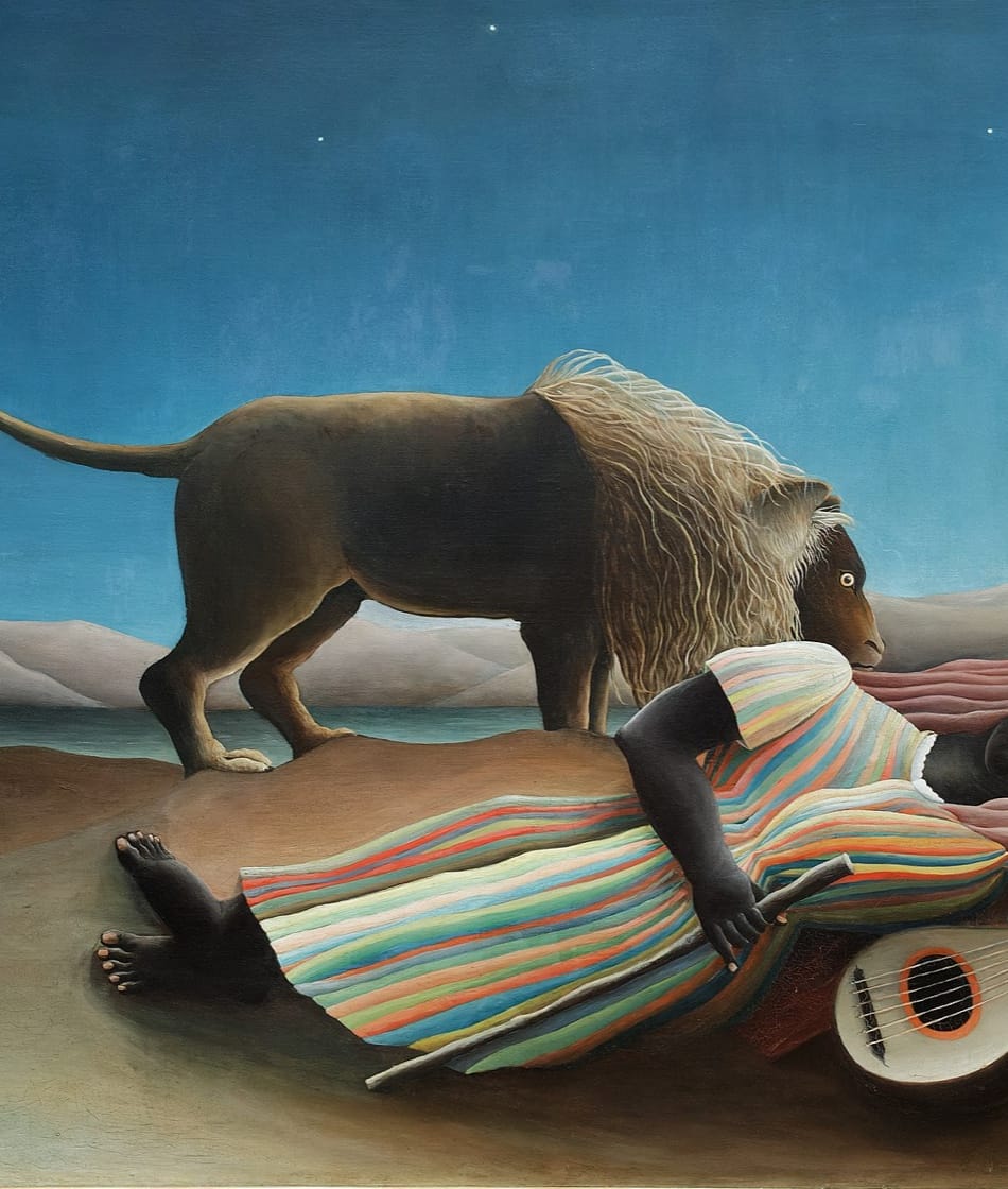 The Sleeping Gypsy (French: La Bohémienne endormie) is an 1897 oil painting by French Naïve artist Henri Rousseau (1844–1910). It is a fantastical depiction of a lion musing over a sleeping woman on a moonlit night. Rousseau first exhibited the painting at the 13th Salon des Indépendants, and tried unsuccessfully to sell it to the mayor of his hometown, Laval. Instead, it entered the private collection of a Parisian charcoal merchant where it remained until 1924, when it was discovered by the art critic Louis Vauxcelles.