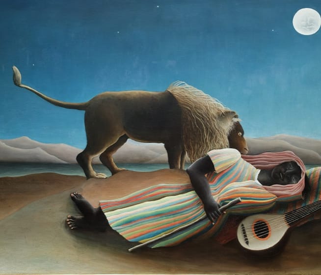 The Sleeping Gypsy (French: La Bohémienne endormie) is an 1897 oil painting by French Naïve artist Henri Rousseau (1844–1910). It is a fantastical depiction of a lion musing over a sleeping woman on a moonlit night. Rousseau first exhibited the painting at the 13th Salon des Indépendants, and tried unsuccessfully to sell it to the mayor of his hometown, Laval. Instead, it entered the private collection of a Parisian charcoal merchant where it remained until 1924, when it was discovered by the art critic Louis Vauxcelles.