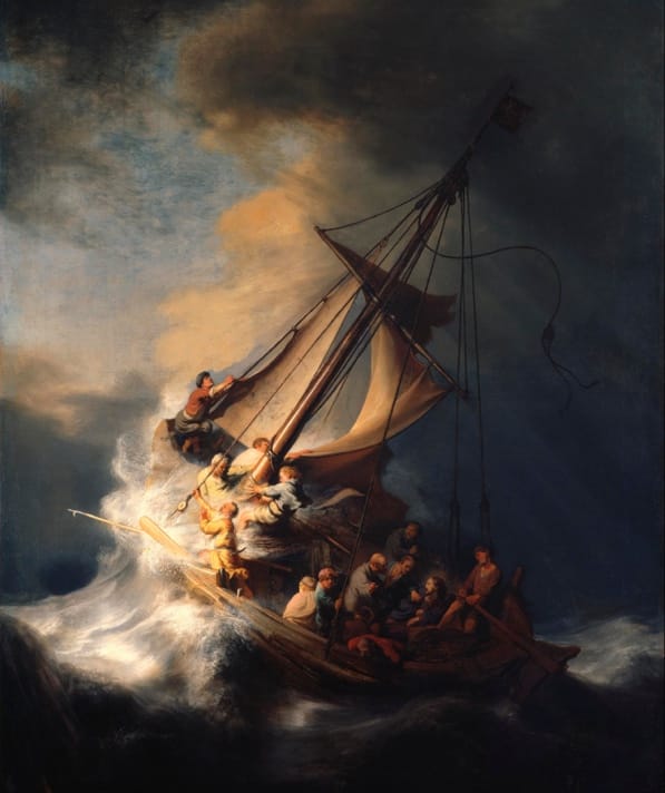 The painting, in vertical format, shows a close-up view of Christ's disciples struggling frantically against the heavy storm to regain control of their fishing boat. A huge wave beats the bow and rips the sail. One of the disciples is seen vomiting over the side. Another one, looking directly out at the viewer, is a self-portrait of the artist. Only Christ, depicted on the right, remains calm.