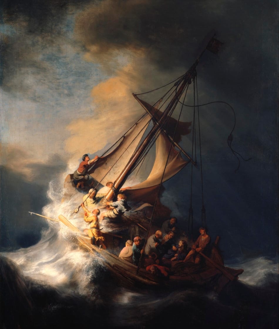 The painting, in vertical format, shows a close-up view of Christ's disciples struggling frantically against the heavy storm to regain control of their fishing boat. A huge wave beats the bow and rips the sail. One of the disciples is seen vomiting over the side. Another one, looking directly out at the viewer, is a self-portrait of the artist. Only Christ, depicted on the right, remains calm.