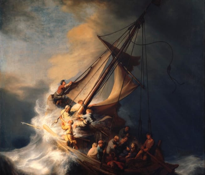 The painting, in vertical format, shows a close-up view of Christ's disciples struggling frantically against the heavy storm to regain control of their fishing boat. A huge wave beats the bow and rips the sail. One of the disciples is seen vomiting over the side. Another one, looking directly out at the viewer, is a self-portrait of the artist. Only Christ, depicted on the right, remains calm.