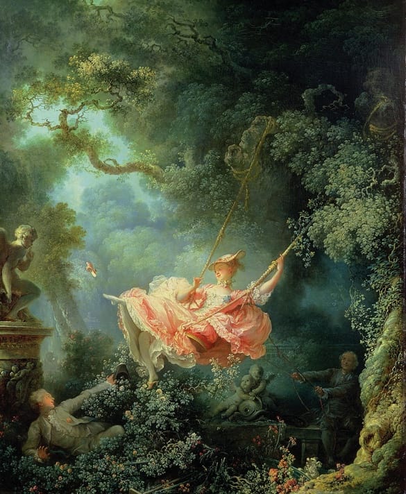 The painting depicts an elegant young woman on a swing. A smiling young man, hiding in the bushes on the left, watches her from a vantage point that allows him to see up into her billowing dress, where his arm is pointed with hat in hand. A smiling older man, who is nearly hidden in the shadows on the right, propels the swing with a pair of ropes. The older man appears to be unaware of the young man. As the young lady swings high, she throws her left leg up, allowing her dainty shoe to fly through the air.