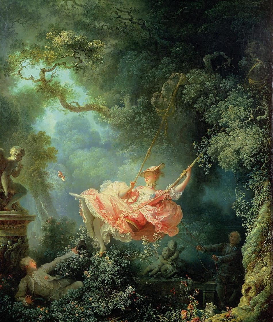 The painting depicts an elegant young woman on a swing. A smiling young man, hiding in the bushes on the left, watches her from a vantage point that allows him to see up into her billowing dress, where his arm is pointed with hat in hand. A smiling older man, who is nearly hidden in the shadows on the right, propels the swing with a pair of ropes. The older man appears to be unaware of the young man. As the young lady swings high, she throws her left leg up, allowing her dainty shoe to fly through the air.