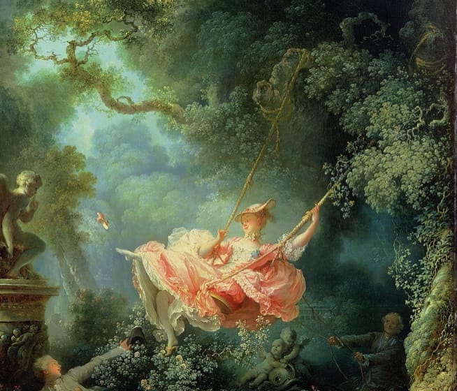 The painting depicts an elegant young woman on a swing. A smiling young man, hiding in the bushes on the left, watches her from a vantage point that allows him to see up into her billowing dress, where his arm is pointed with hat in hand. A smiling older man, who is nearly hidden in the shadows on the right, propels the swing with a pair of ropes. The older man appears to be unaware of the young man. As the young lady swings high, she throws her left leg up, allowing her dainty shoe to fly through the air.